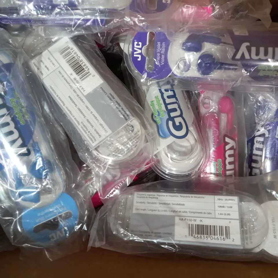 BOX OF APPROXIMATELY 20 ASSORTED JVC GUMY STEREO HEADPHONES IN VARIOUS COLOURS