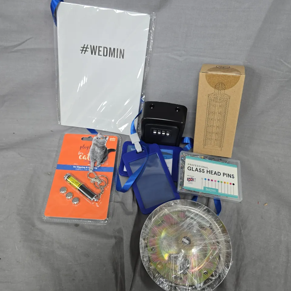 APPROXIMATELY 12 ASSORTED HOUSEHOLD ITEMS TO INCLUDE GLASS HEAD PINS, KEYS LOCK BOX, CAT LASER, ETC