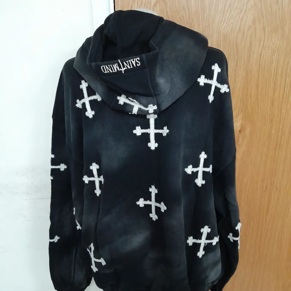 SAINT MIND FULL ZIP EMBRIODERED HOODIE IN BLACK AND WHITE CROSS DESIGN SIZE M