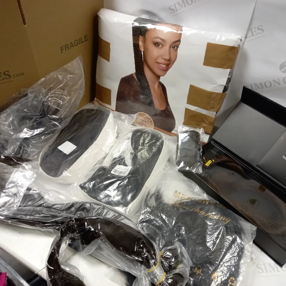 ASSORTMENT OF EBONY/DARK BROWN HAIR PIECES AND WIGS APPROX. 10 ITEMS 