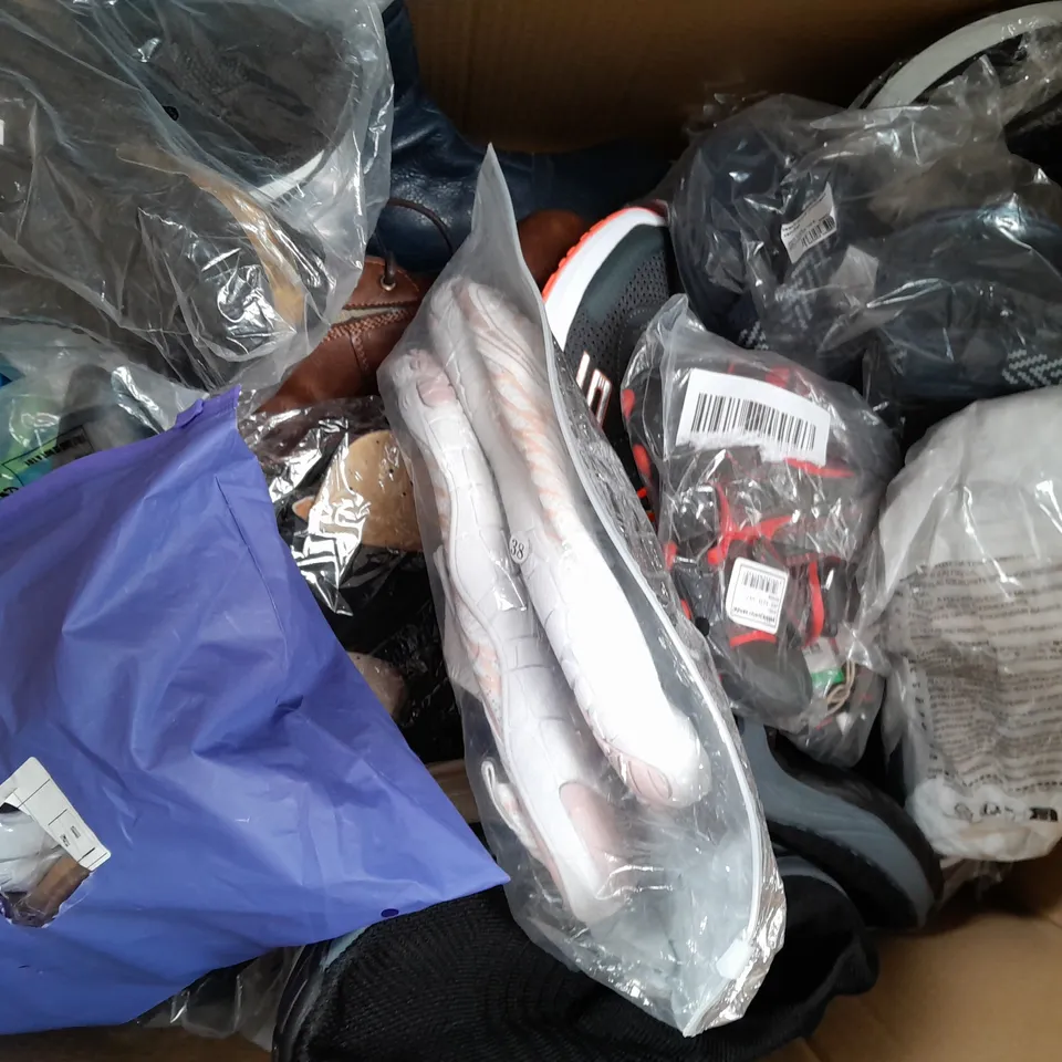 BOX OF APPROXIMATELY 15 ASSORTED PAIRS OF SHOES AND FOOTWEAR ITEMS IN VARIOUS COLOURS, STYLES, AND SIZES - COLLECTION ONLY