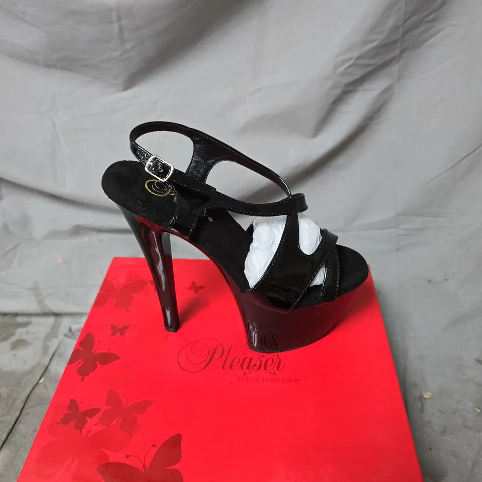 PLEASER BLACK PATENT PLATFORM SHOES – HIGH HEEL, ANKLE-STRAP SIZE 8