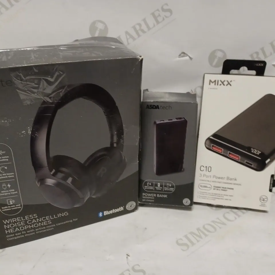 LOT OF THREE TO INCLUDE POWER BANK , WIRELESS NOISE CANCELLING  HEADPHONES ETC