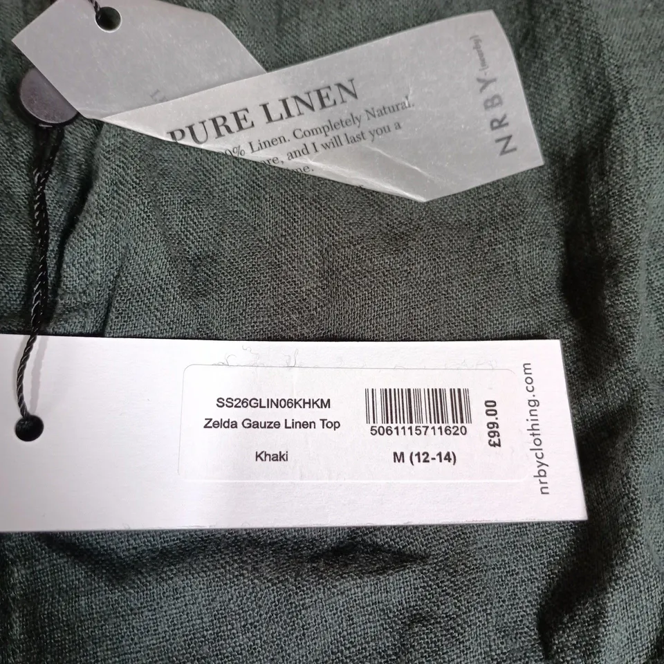 UK 12-14 NRBY ZELDA GAUZE LINEN TOP - KHAKI