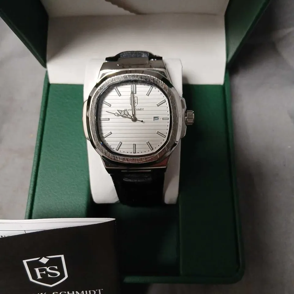 FRANK SCHMIDT FS WRISTWATCH WITH WHITE STRIPED DIAL, DATE WINDOW – BOXED