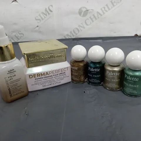 LOT OF 3 ASSORTED COSMETIC PRODUCTS TO INCLUDE JUDITH WILLIAMS DERMAPERFECT POWER FIRMING FACE CREAM, EYE LID LIFT AND PALETTE NAIL PAINT