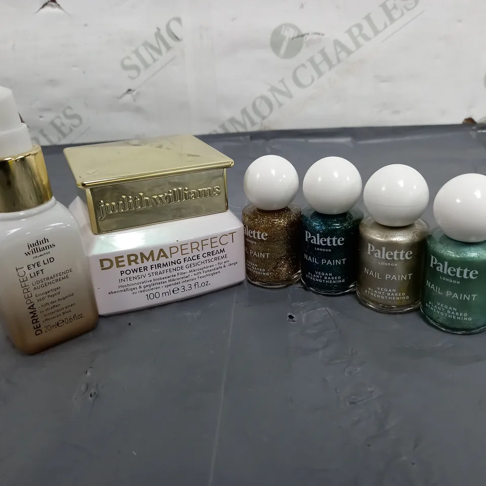 LOT OF 3 ASSORTED COSMETIC PRODUCTS TO INCLUDE JUDITH WILLIAMS DERMAPERFECT POWER FIRMING FACE CREAM, EYE LID LIFT AND PALETTE NAIL PAINT