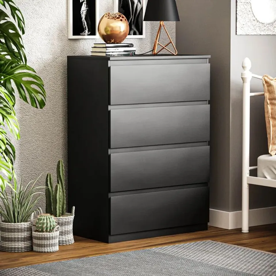 BOXED CUNHA 4 DRAWER CHEST OF DRAWERS - BLACK (1 BOX)
