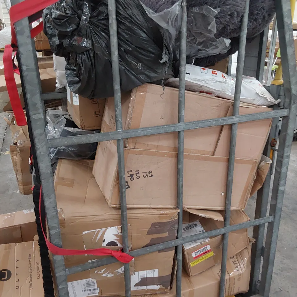 CAGE OF ASSORTED HOUSEHOLD ITEMS, INCLUDING, SLIMLINE BLADELESS TOWER FAN, PET BED, COOLING FAN.