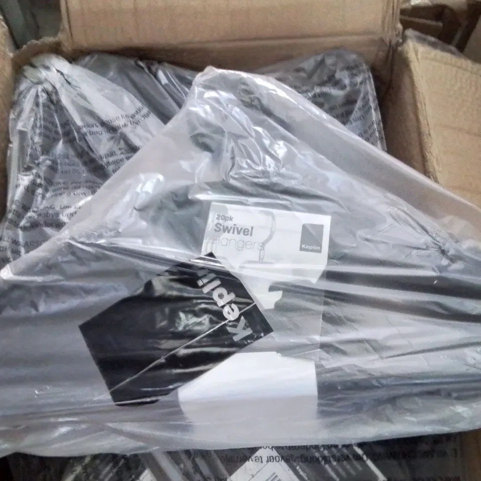 BOX CONTAINING APPROXIMATELY 12 PACKS OF 20 PLASTIC COAT HANGERS