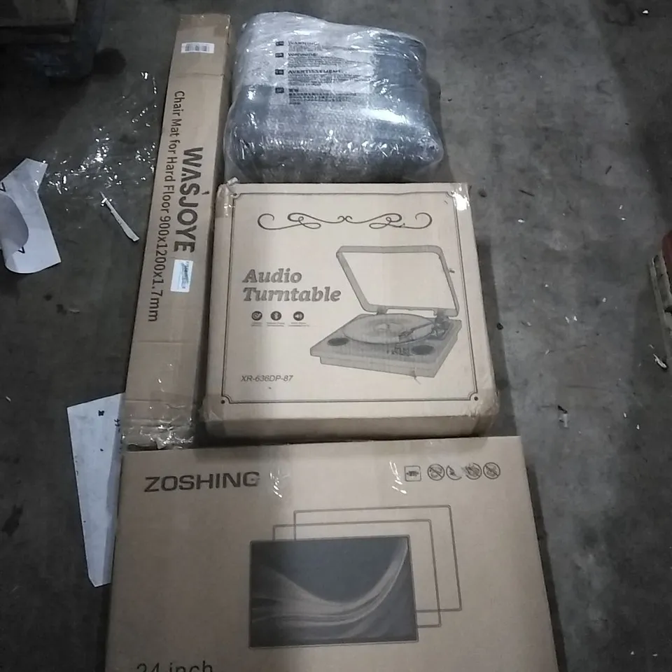 PALLET OF HOUSEHOLD ITEMS TO INCLUDE CHAIR MAT FOR HARD FLOOR,RUG,AUDIO TURNTABLE, 24" MONITOR AND OTHER OTHER ASSORTED ITEMS...