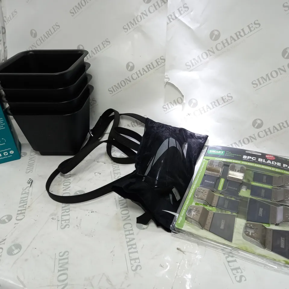 BOX OF APPROXIMATELY ASSORTED ITEMS TO INCLUDE A 8PC BLADE PACK, 4 PLANT POT SET, A PET LEAD AND A PAIR OF SHINPADS
