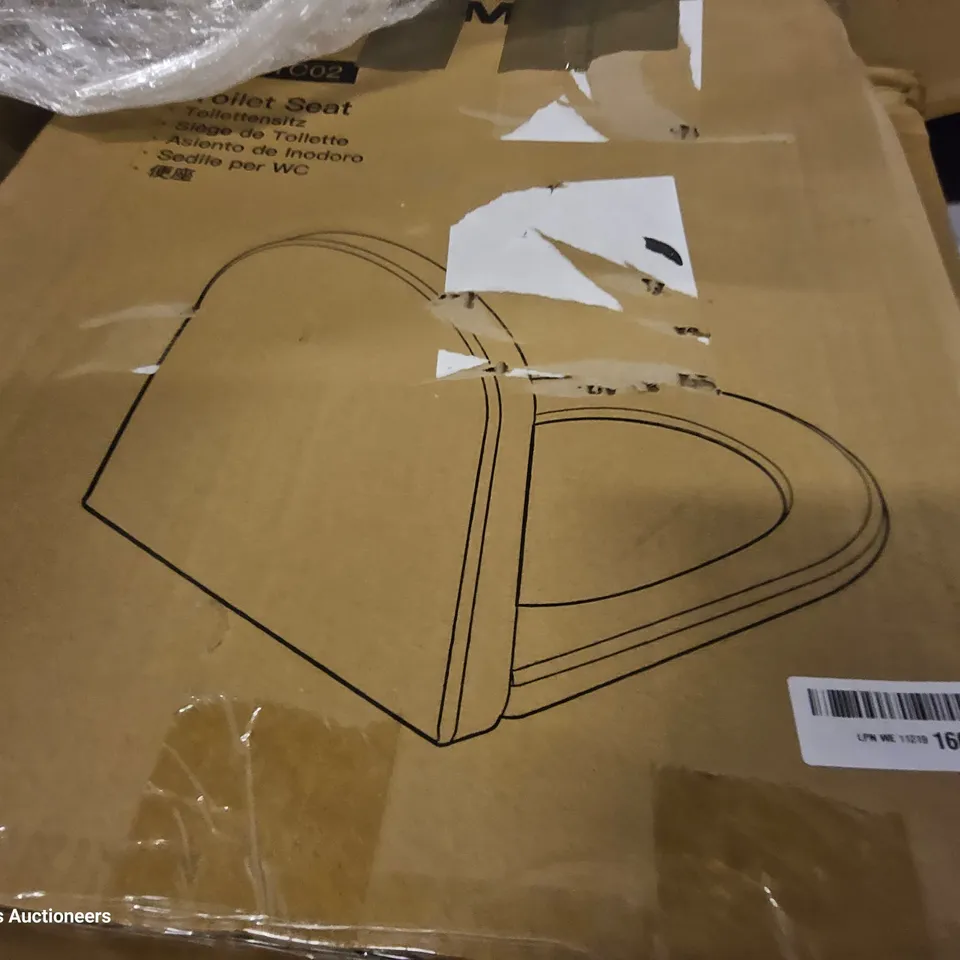 PALLET OF ASSORTED ITEMS TO INCLUDE, 13GALLON AUTOMATIC TRASH BIN, INFLATABLE MATTRESS, WEIGHTED BLANKET, EXCERCISE MATS, CEILING FAN, TOILET SEARS, PARTY FLOWER STAND.