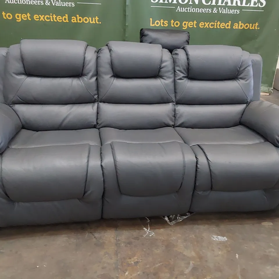 DESIGNER MANUAL RECLINING THREE SEATER SOFA GREY LEATHER 