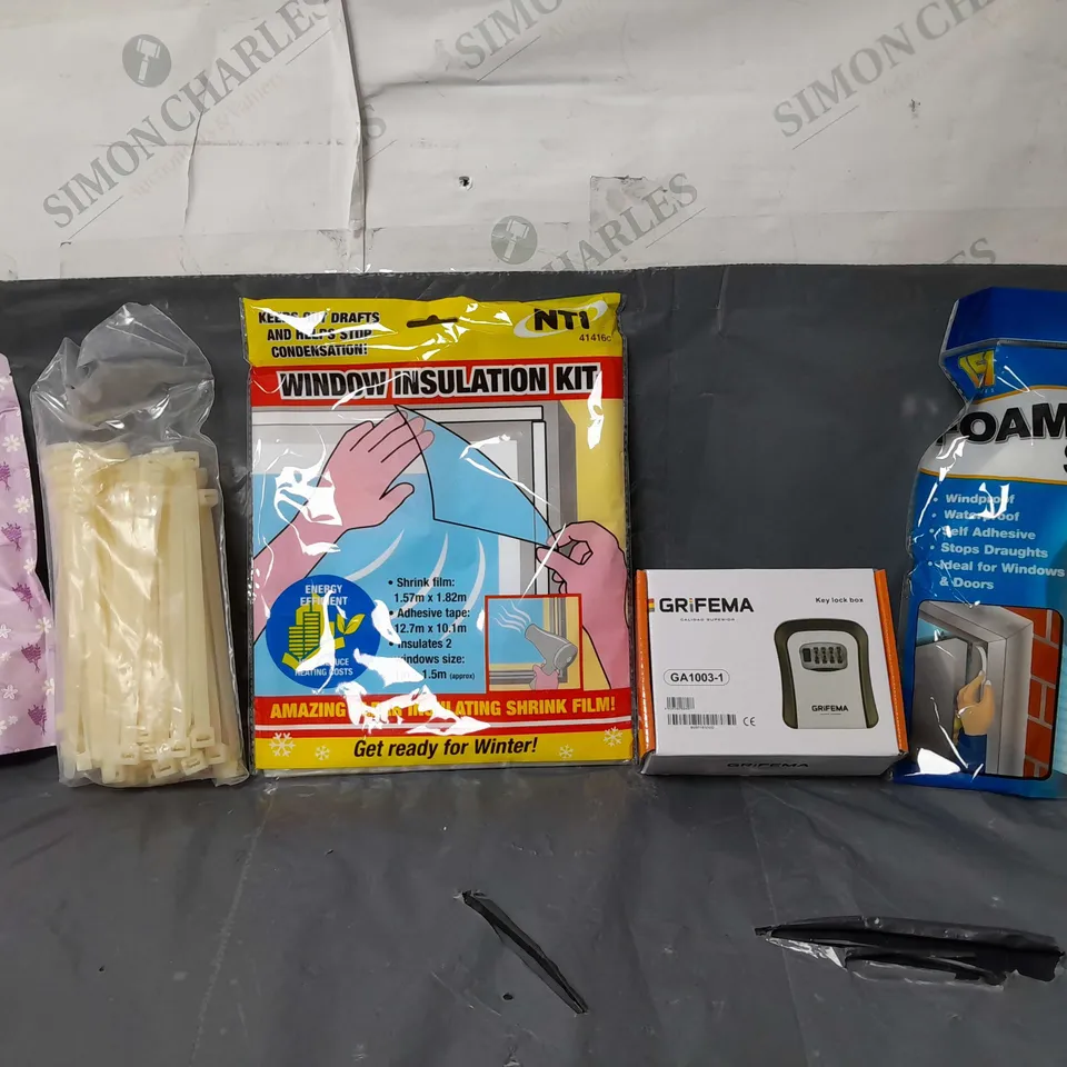 BOX OF APPROXIMATELY 14 ASSORTED ITEMS TO INCLUDE - FOAM WEATHER STRIP , WINDOW INSULATION KIT , CABLE TIES ETC