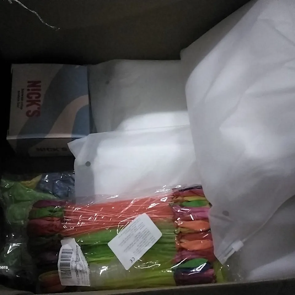 PALLET OF ASSORTED ITEMS INCLUDING SELF-ADHESIVE SEALING WATER BALLOONS, HALLOWEEN MASK, WOMEN'S GYM CROP TOP, MULTI-USE SCRUB SPONGE, NICKS PROTEIN BAR