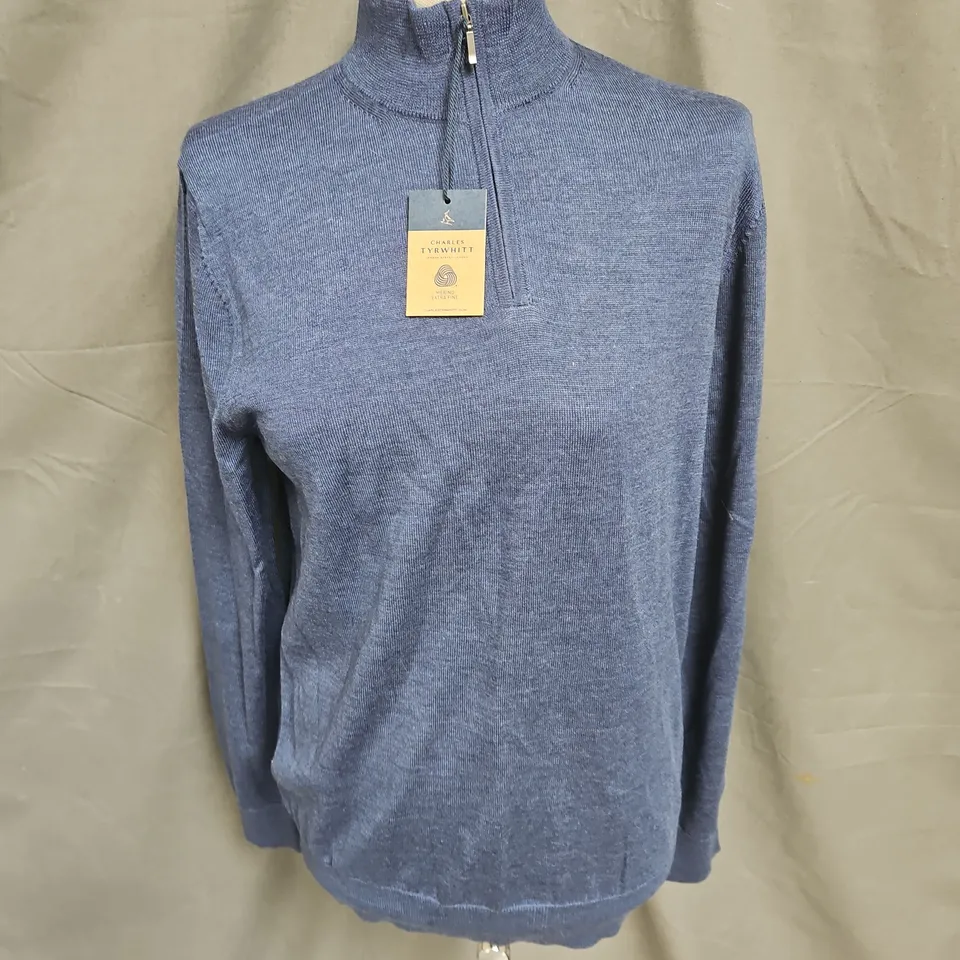 CHARLES TYRWHITT PURE MERINO ZIP NECK JUMPER IN INDIGO BLUE MELANGE SIZE S