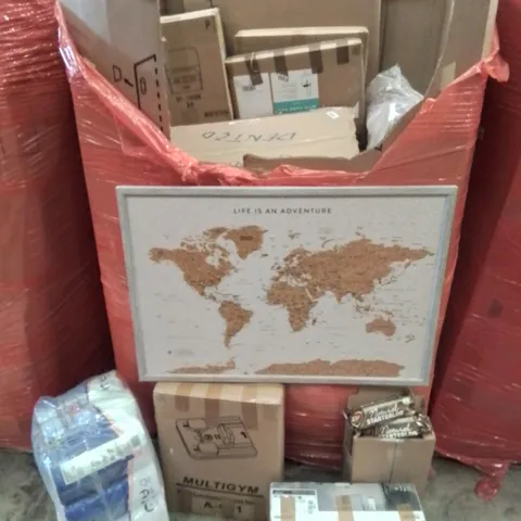 PALLET CONTAINING VARIOUS ASSORTED BOXED HOUSEHOLD ITEMS TO INCLUDE: MULTIGYM, KITCHEN ROLLS, WORLD MAP, FIRE STARTERS ETC.