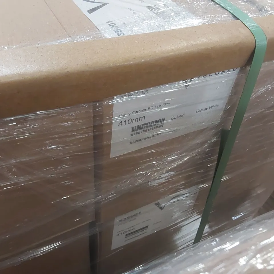 PALLET CONTAINING A LARGE QUANTITY OF ASSORTED BATHROOM FURNITURE PARTS INCLUDING: VELDEAU VANITY CARCASSES ECT