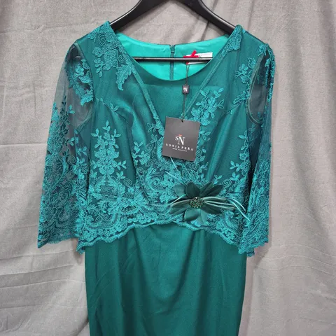 Sonia Pena Teal Lace Dress with Waist Flower Embellishment – SIZE 12