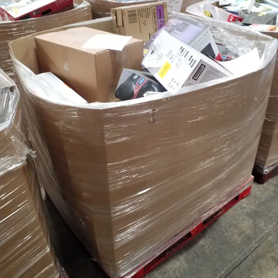 PALLET CONTAINING ASSORTED ELECTRICAL PRODUCTS INCLUDING PRINTERS, SPEAKERS, DVD PLAYERS, WEBCAM, HEADPHONES & CABLES