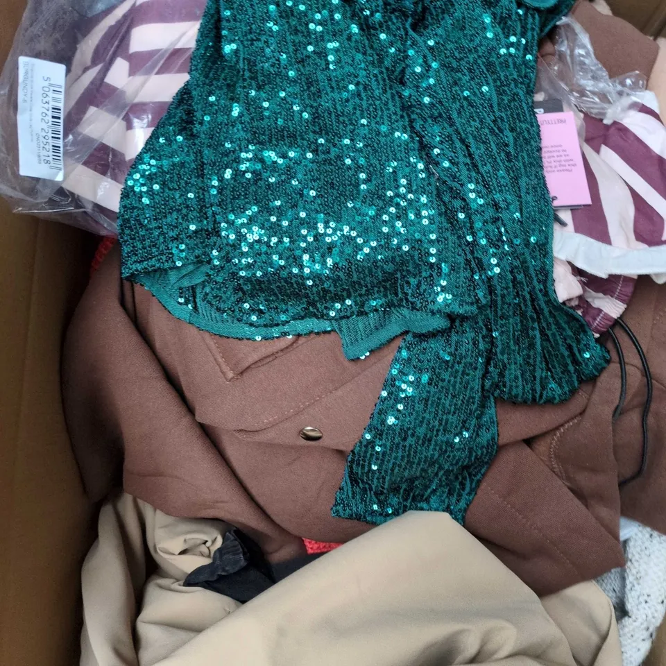 APPROXIMATELY 20 ASSORTED CLOTHING PRODUCTS IN VARIOUS STYLES & SIZES TO INCLUDE JACKETS, T-SHIRTS, DRESSES ETC