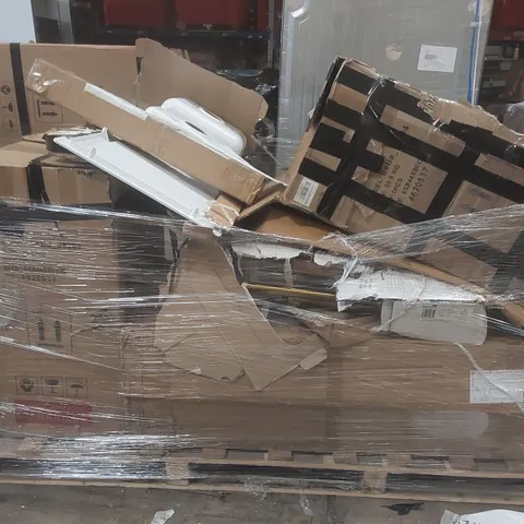 PALLET CONTAINING A LARGE QUANTITY OF ASSORTED FURNITURE ITEMS INCLUDING: WHITE GLOSS VANITY UNITS, SINK, TOWEL RADIATOR ECT