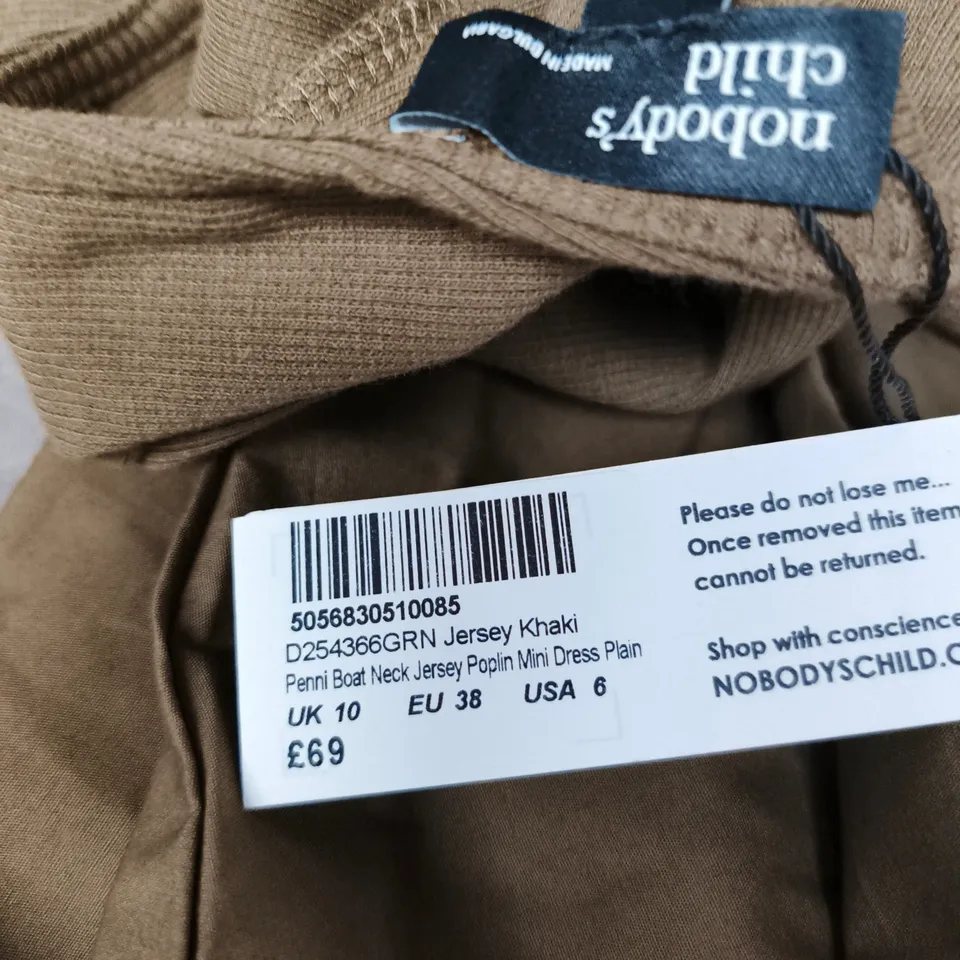 NOBODY'S CHILD KHAKI JERSEY BOAT NECK MINI DRESS – UK 10