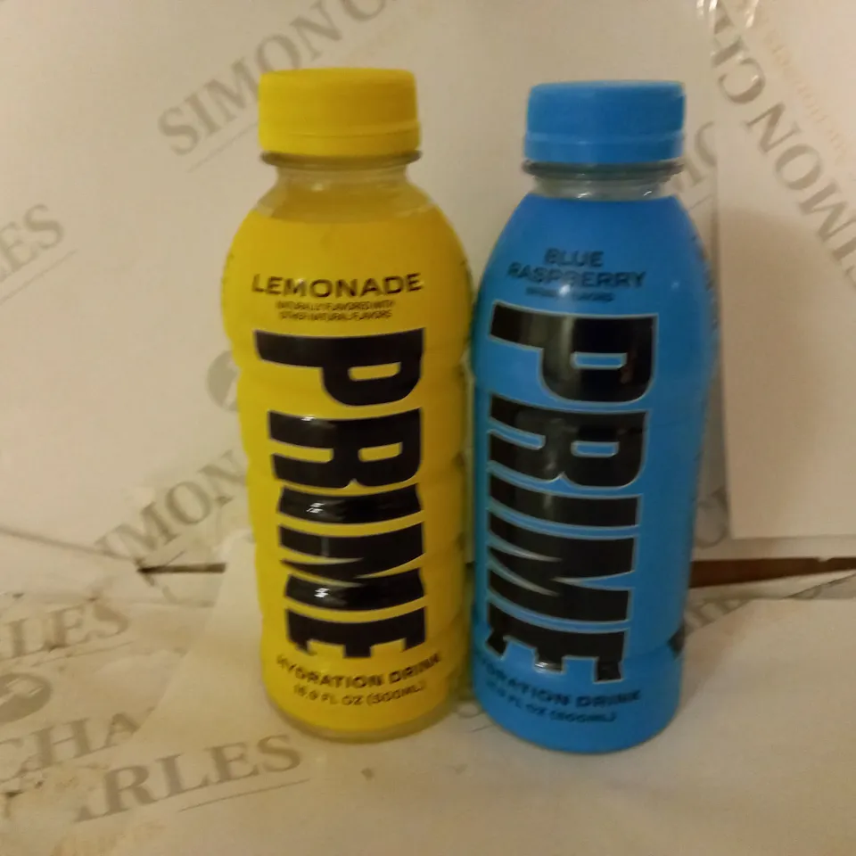 LOT OF 2 PRIME HYDRATION DRINKS (500ML) - 1 BLUE RASPBERRY, 1 LEMONADE