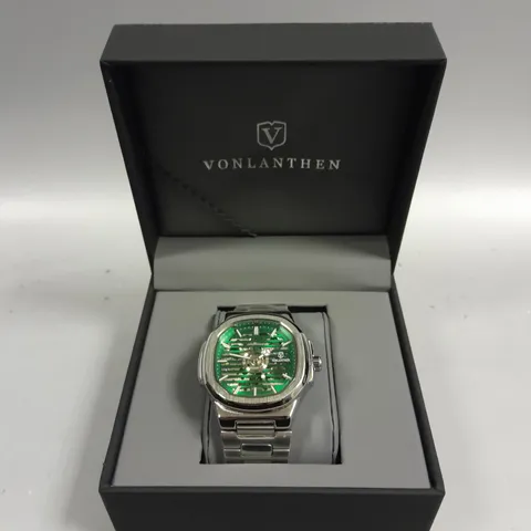 MENS VONLANTHEN AUTOMATIC WATCH – SKELETON DIAL – STAINLESS STEEL STRAP – GLASS EXHIBITION BACK CASE
