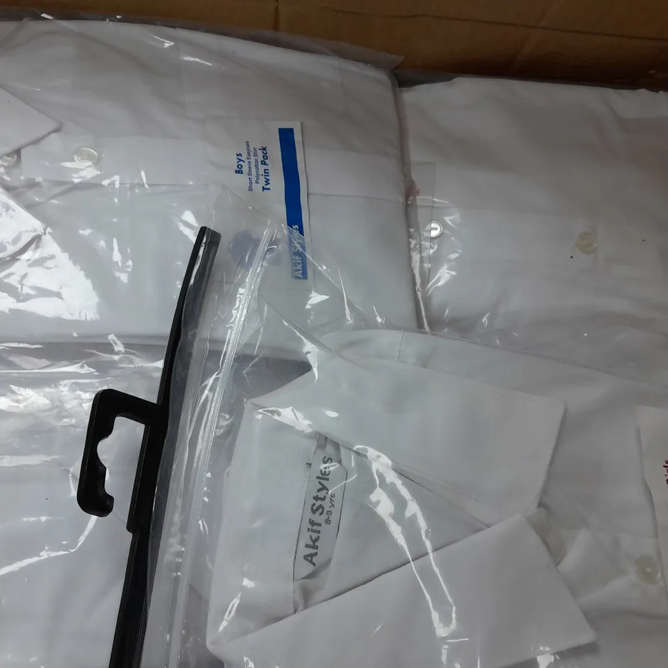BOX OF APPROX. 90 AKIF STYLES SCHOOL WEAR GIRLS SHORT SLEEVE BLOUSES & BOYS SHORT SLEEVE SHIRTS IN VARIOUS SIZES