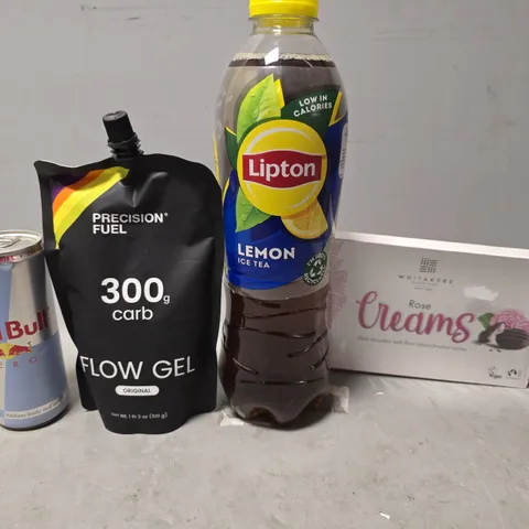 APPROXIMATELY 10 ASSORTED FOOD & DRINK ITEMS TO INCLUDE - LIPTON , RED BULL ZERO , FLOW GEL ETC