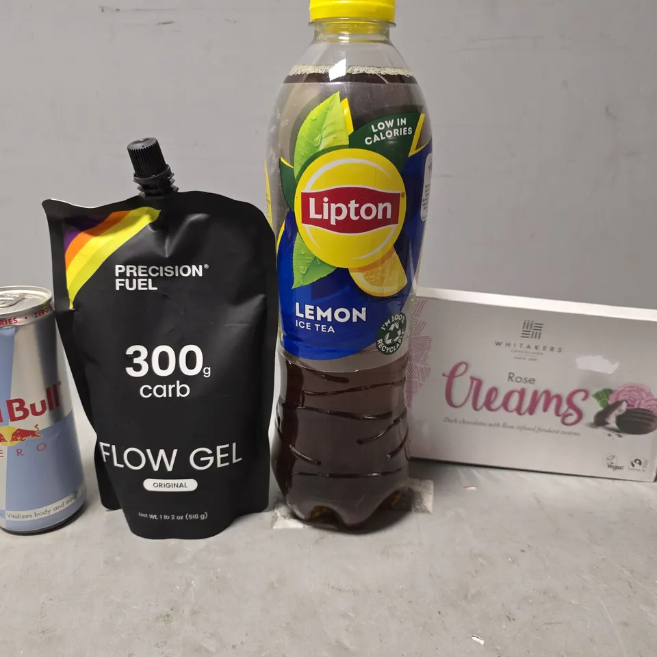 APPROXIMATELY 10 ASSORTED FOOD & DRINK ITEMS TO INCLUDE - LIPTON , RED BULL ZERO , FLOW GEL ETC