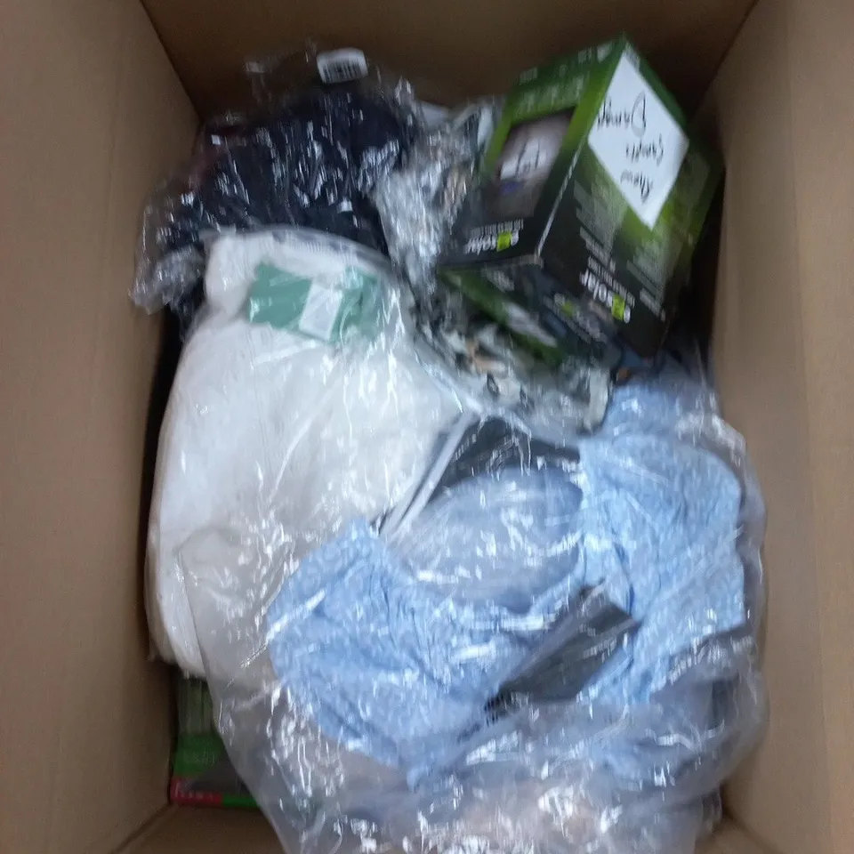 BOX CONTAINING APPROXIMATELY 20 ASSORTED ITEMS INCLUDING SHOES, CLOTHES, HANDHELD FAN ETC.