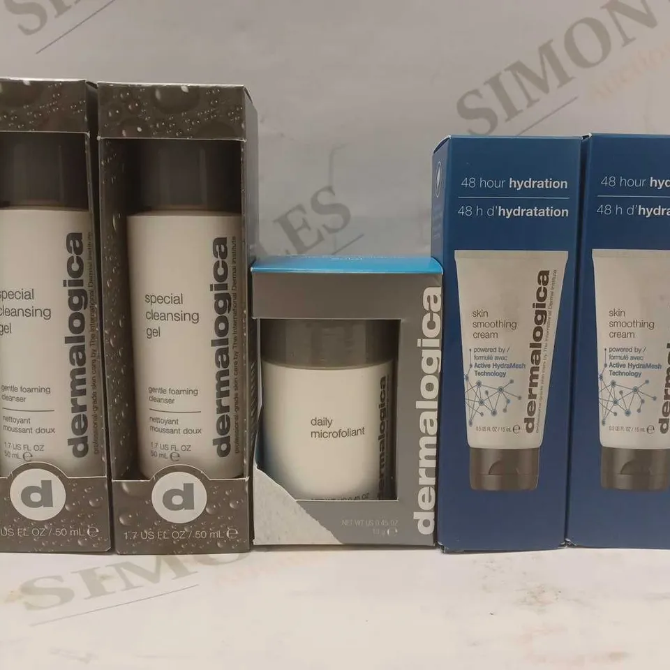LOT OF 5 ASSORTED DERMALOGICA PRODUCTS TO INCLUDE CLEANSING GEL, DAILY MICROFOLIANT, SMOOTHING CREAM