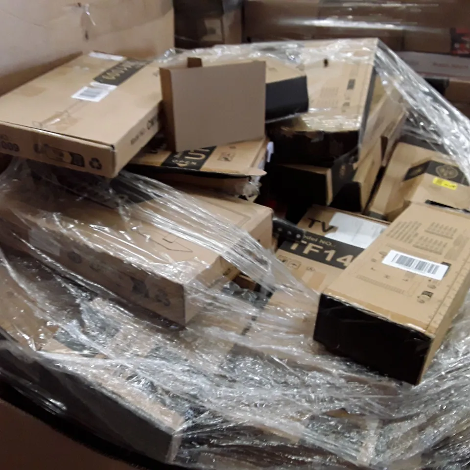 PALLET CONTAINING AN ASSORTMENT OF FULL TV AND MONITOR WALL MOUNT AND TV STAND ECT 