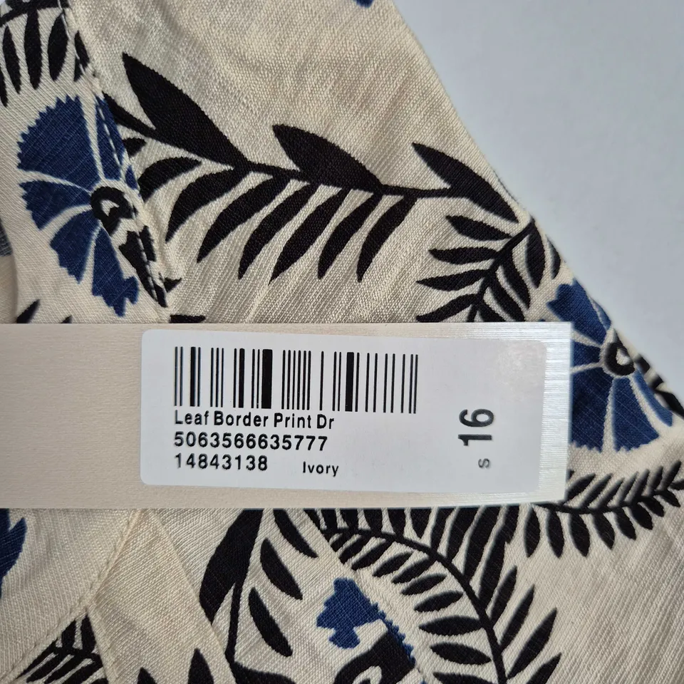 TROPICAL LEAF PRINT DRESS– IVORY WITH BLUE LEAVES, UK SIZE 16