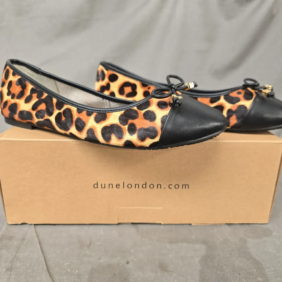 BOXED PAIR OF DUNE LEOPARD PRINT CHARM TRIM BALLET SHOES SIZE 7