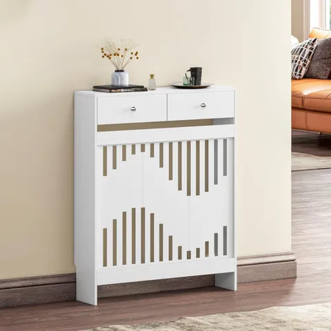 BOXED RADIATOR COVER WITH DRAWERS, WHITE WOODEN RADIATOR SHELF PIPE COVERS CABINET WITH WAVY GRILL FOR LIVING ROOM BEDROOM HALLWAY, 78LX19WX95HCM