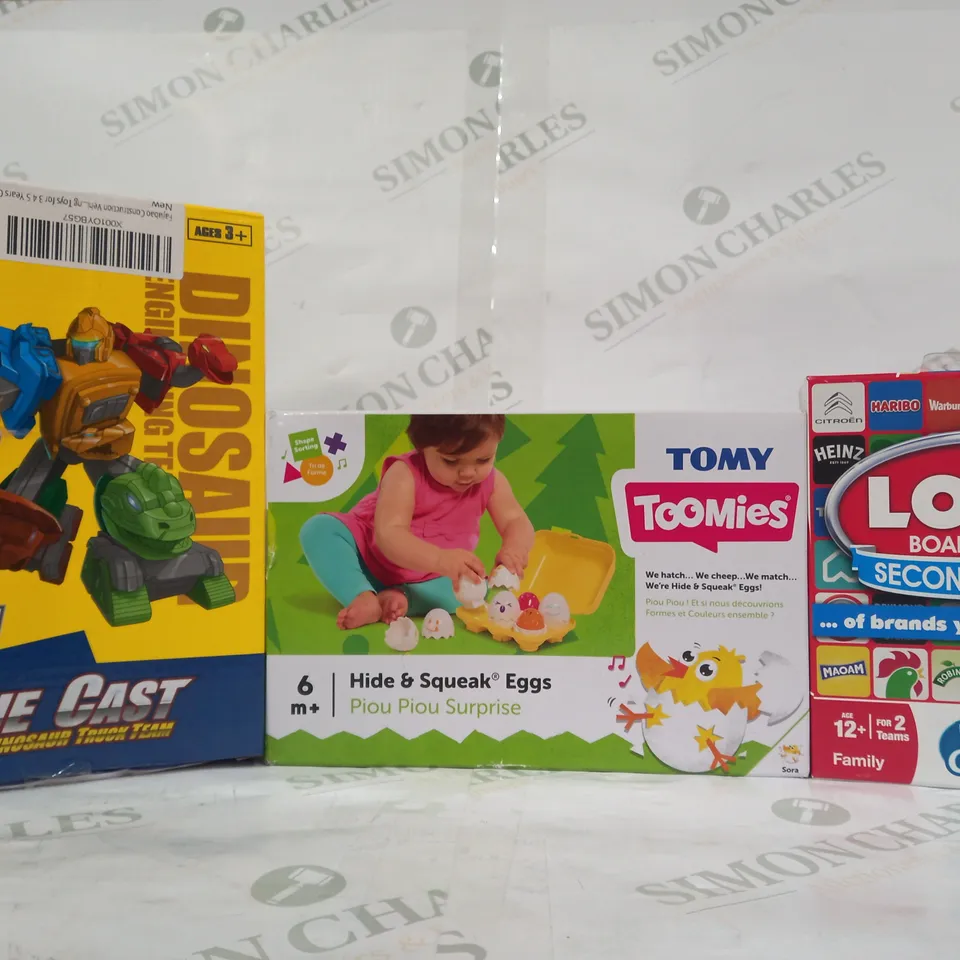 BOX OF APPROXIMATELY 10 ASSORTED TOYS AND GAMES TO INCLUDE 5 FIT IN 1 DIE CAST DINOSAUR TRUCK TEAM, TOMY TOOMIES HIDE & SQUEAK EGGS, DRUMOND PARK THE LOGO BOARD GAME SECOND EDITION, ETC