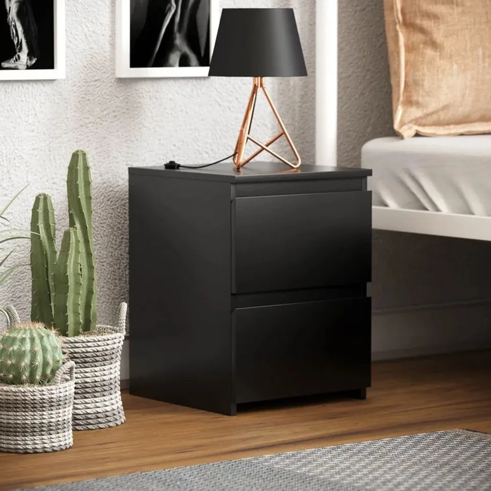 BOXED CUNHA 2 DRAWER BEDSIDE TABLE - BLACK (1 BOX)