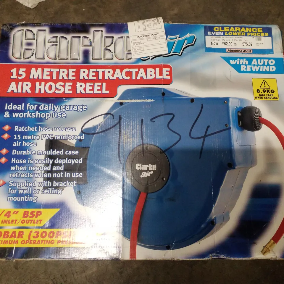 BOXED CLARKE CAR15PC 15M RETRACTABLE AIR HOSE REEL