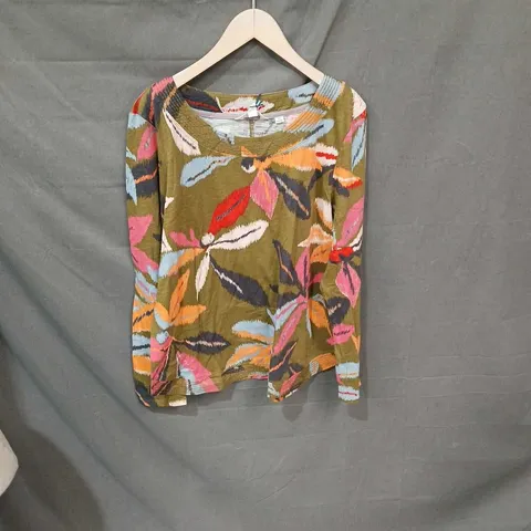 WHITE STUFF WOMEN'S LEAF PRINT KNIT TOP, OLIVE GREEN, UK 14
