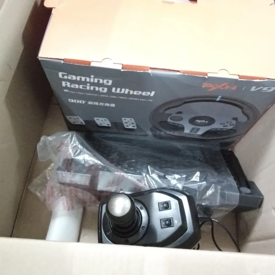 PALLET OF ASSORTED ITEMS INCLUDING SONATINA LUXURY BABY STROLLER, GAMING RACING WHEEL, PADDLES AND GEAR STICK, VINYL PLAYERS
