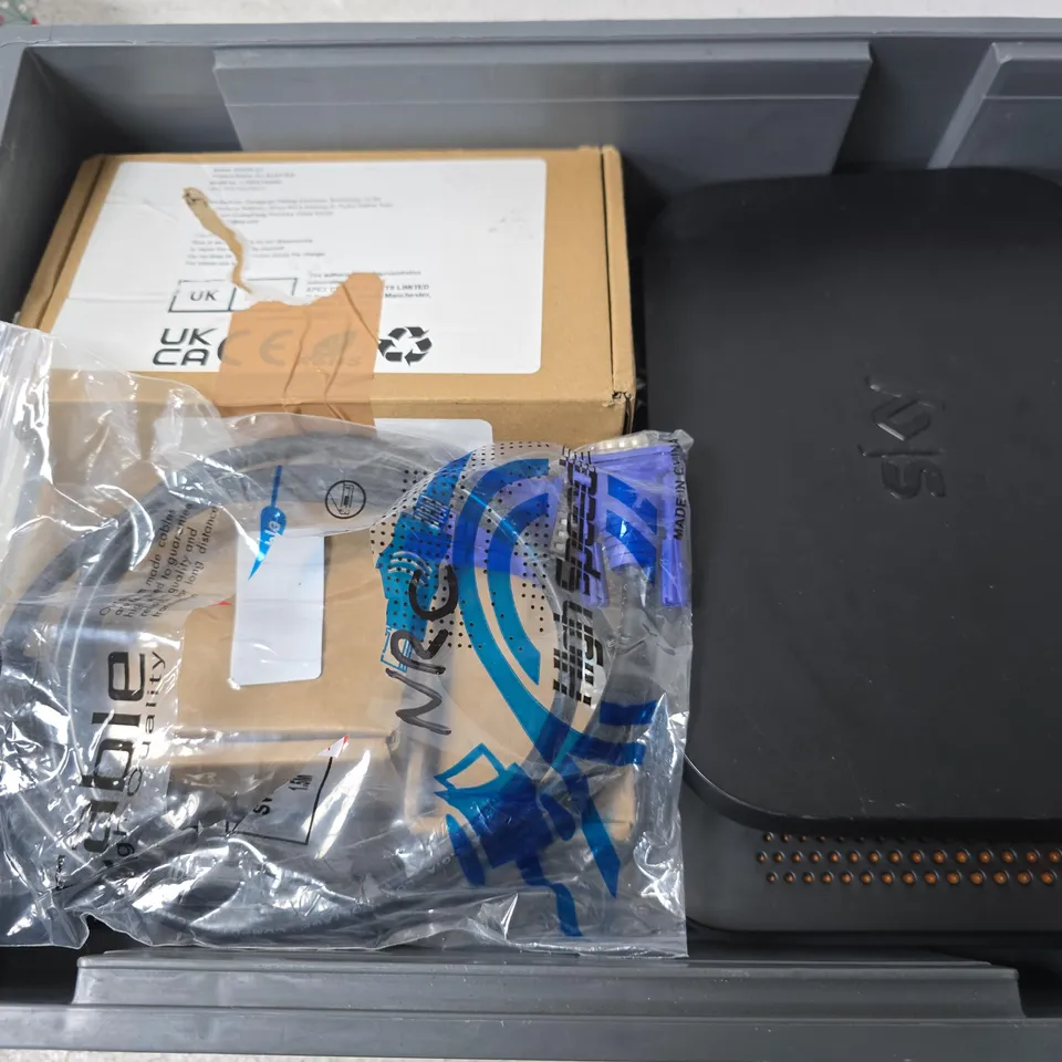 APPROXIMATELY 12 ASSORTED HOUSEHOLD ITEMS TO INCLUDE SKY ROUTER, TELEPHONE CABLE, AC ADAPTER, ETC