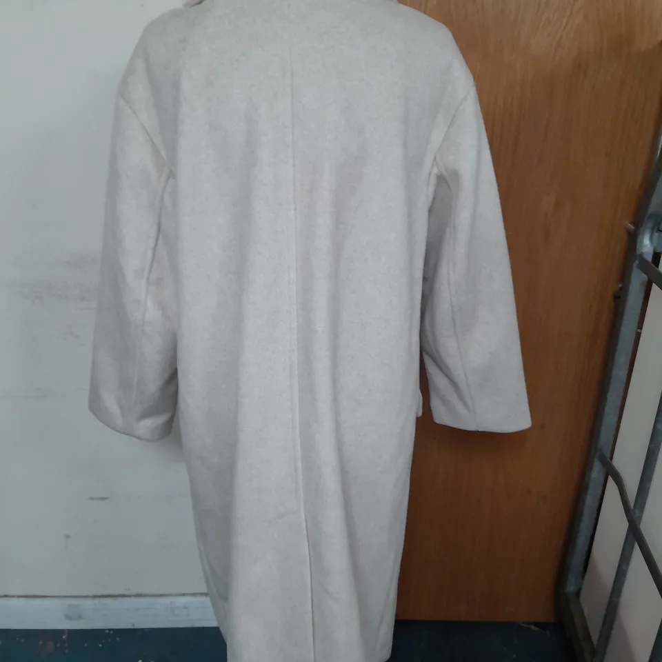 BERSHKA LONG FAUX WOOL TRENCH COAT IN BEIGE WITH BLACK BUTTONS SIZE L