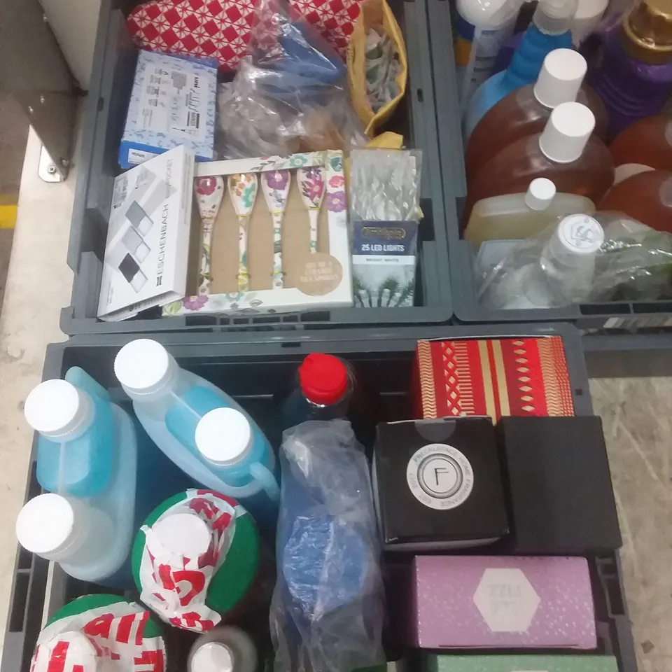 4 TOTES OF ASSORTED ITEMS INCLUDING, CLEANING PRODUCTS, DIFFUSER FRAGRANCES AND HOUSEHOLD ACCESSORIES 