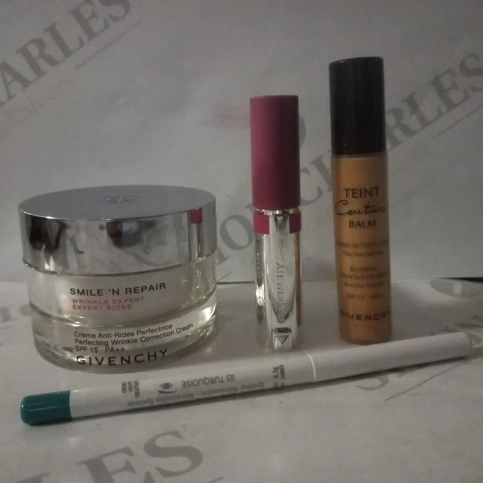 BOX OF APPROX 10 ASSORTED GIVENCHY TESTER PRODUCTS TO INCLUDE LIQUID LIPSTICK #NUDE VELOURS, EYELINER #TURQUOISE, PERFECTING WRINKLE CORRECTION CREAM, ETC 