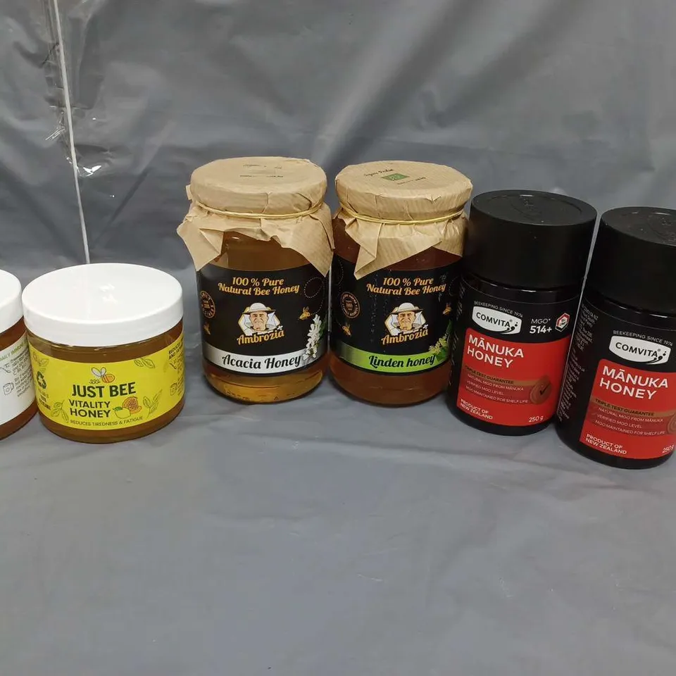 LOT OF 6 JARS OF HONEY ASSORTED BRANDS, FLAVOURS AND SIZES