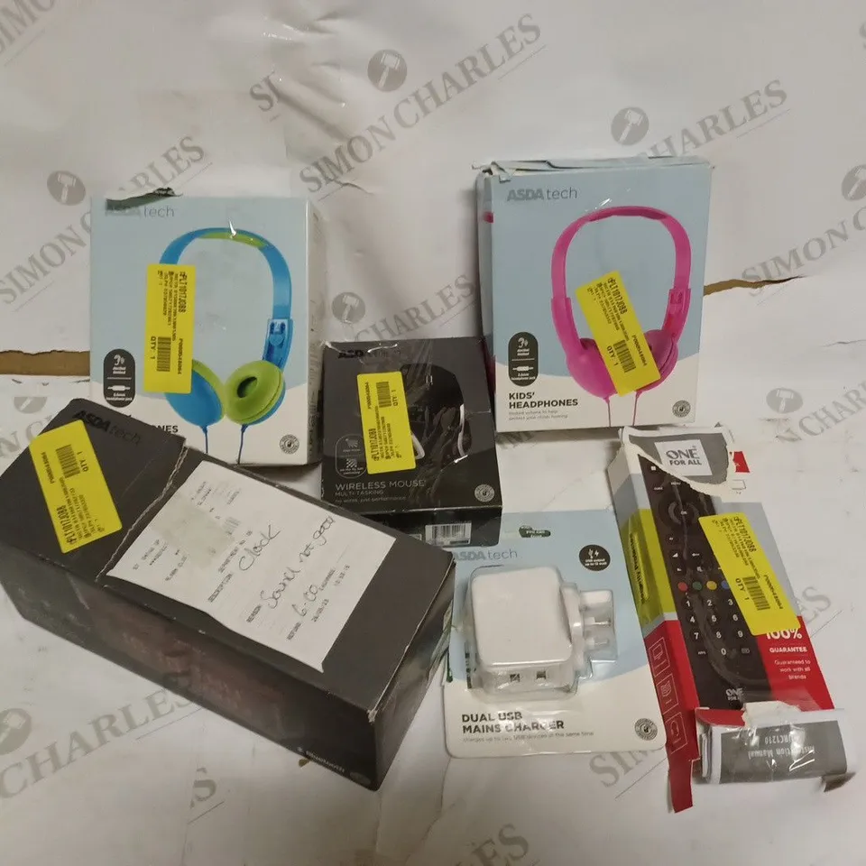 BOX OF ASSORTED ASDA ELECTRICALS INCLUDING - KIDS HEADPHONES, REMOTES, DUAL USB MAINS CHARGER